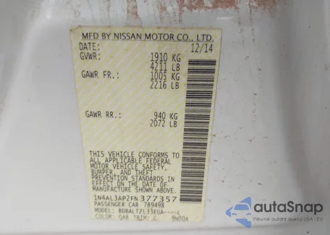 2015 Nissan Altima 2.5 Sl from USA, damaged, VIN 1N4AL3AP2FN377357